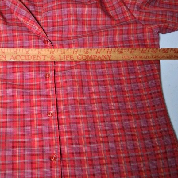 Vintage Dee Cee Blouse Women 10 Rust Blue Plaud Button Collared Modest Retro - Picture 7 of 12